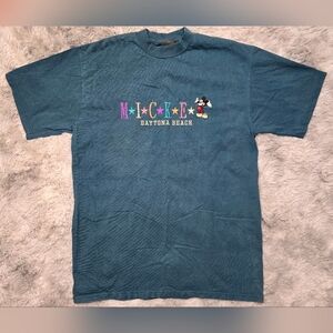 Vintage Mickey Daytona Beach Embroidered Teal T-Shirt Size Large